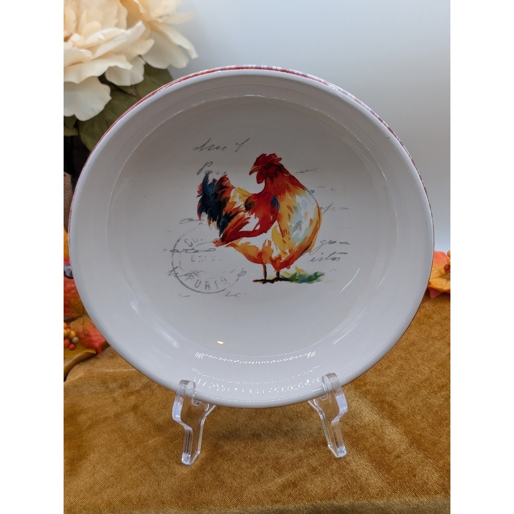 Pier 1 Imports Country Rooster Ironstone 7.25" Soup Cereal Bowl Plaid Rim